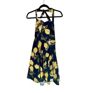 Topdress Women Navy Blue Lemon Print Halter Retro Rockabilly Swing Dress Small